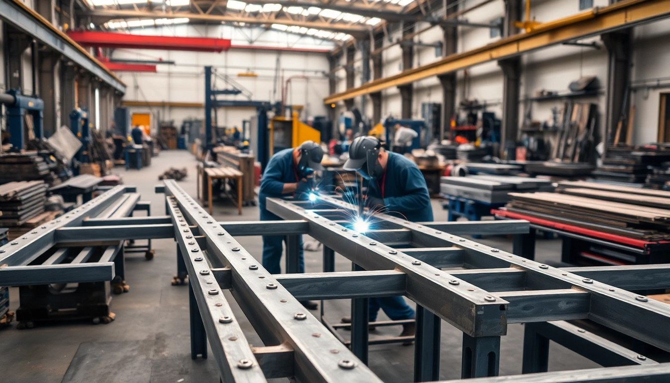 Experienced professionals collaborating in a steel fabrication shop, showcasing craftsmanship and machinery.