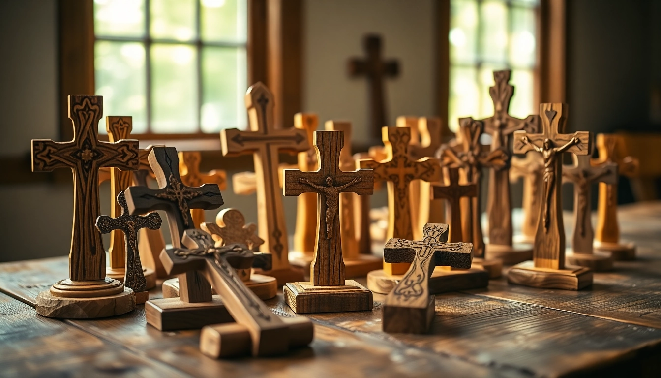 Admiring handmade crosses showcasing intricate craftsmanship and natural wood textures.